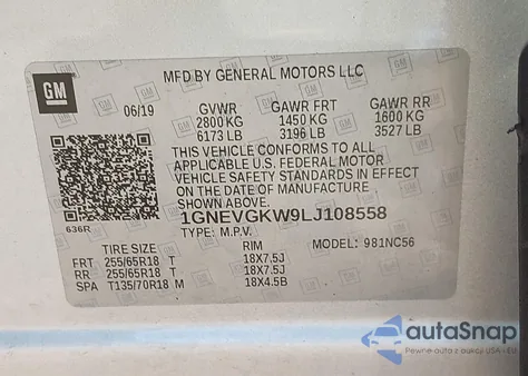 2020 Chevrolet Traverse Awd Lt Cloth из США, поврежденный, VIN 1GNEVGKW9LJ108558